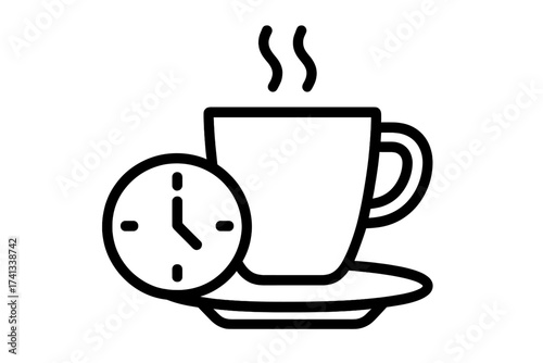 Coffee break time line icon. Hot drink mug with clock symbol. Simple vector illustration for cafe menu, web design, app, logo. Morning caffeine concept. Tea cup pause pictogram.