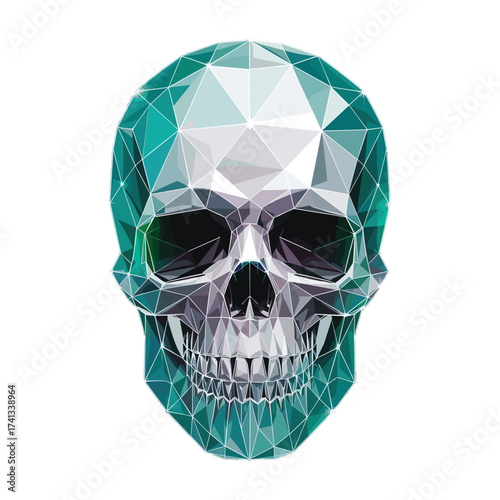 Low poly geometric skull T-shirt design. Emerald facets diamond style illustration, abstract polygonal human head.