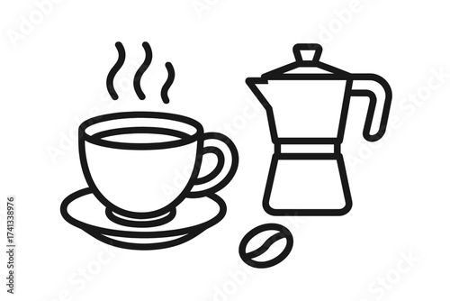 Coffee time icon set. Moka pot, steaming cup, and bean line art. Morning breakfast beverage concept. Simple outline vector for cafe menu, web design, app, advert. Hot drink.