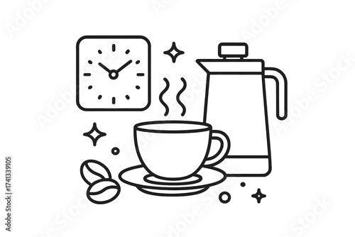 Coffee break time linear vector icon. Hot coffee cup, coffee pot, clock and beans. Morning routine concept symbol. Outline illustration for cafe menu, web design, mobile app, logo.