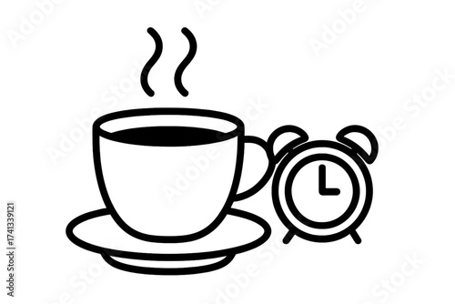 Coffee time concept with steaming cup and alarm clock. Morning breakfast or office break symbol. Wake up and energy concept. Line art vector icon for web, apps, cafe menu.