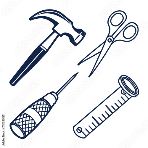 Hand drawn set of tools with hammer and scissors