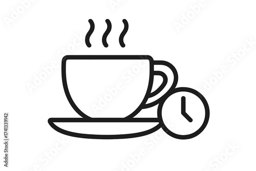Coffee break time icon. Outline vector symbol of hot drink mug and clock. Tea time pause concept. Morning caffeine, espresso, latte pictogram for app, web, logo design. Work break.