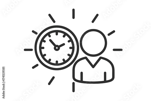 Time management icon. Business productivity, efficiency, and deadline concept. Employee work schedule, office hours, and project timing. Person and clock vector symbol.