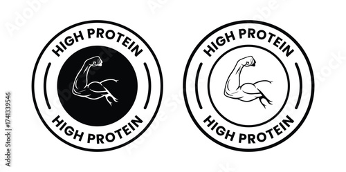 High protein food label emblem flat color vector illustration template design. high protein sign, logo, badge, icon, sticker, label, emblem, stamp, symbol, black, line, flat vector.