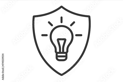 Intellectual property protection icon with shield and lightbulb. Patent, copyright, and trademark concept. Idea security and innovation safeguard symbol. Modern line art vector.