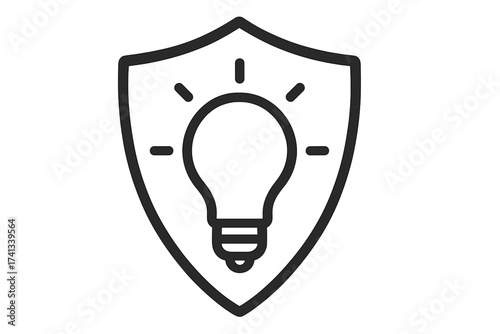 Intellectual property protection icon. Patent and copyright concept. Lightbulb in a shield symbol for innovation security, brand safety, and creative ideas. Vector line art logo.