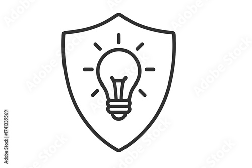 Intellectual property protection icon. Lightbulb in shield symbol for patent, copyright, and idea security. Vector line art for innovation, creativity, and invention.