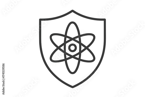 Atom protection shield icon. Nuclear energy safety symbol. Scientific research security concept. Physics and quantum technology defense. Vector line art logo for science.