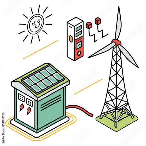 Isometric illustration of renewable energy sources and infrastructure