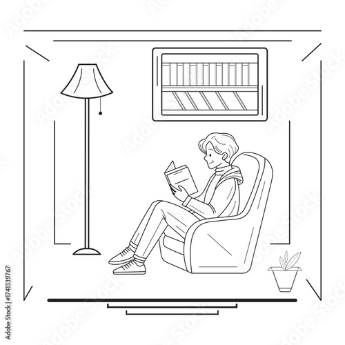 Vector line art illustration of a person sitting in a chair reading a book,
