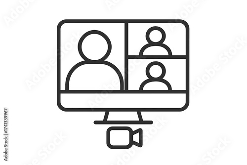 Video conference icon. Online meeting, remote work, virtual communication symbol. Group call on computer screen with webcam. Teamwork & business webinar line art vector.