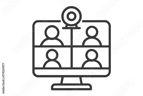 Video conference call line icon. Concept for online meeting, webinar, remote work, virtual communication, and online education. Business team talking on a computer screen.