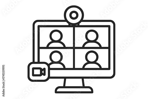 Video conference call icon on computer screen with webcam. Concept of online meeting, remote work, webinar, and virtual team communication. Business people in a video chat grid.