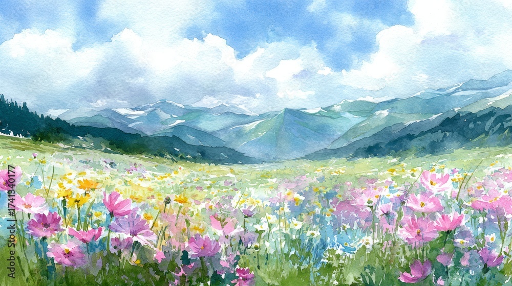 Obraz premium Flower field painting painting of vibrant flowers before distant mountains flower