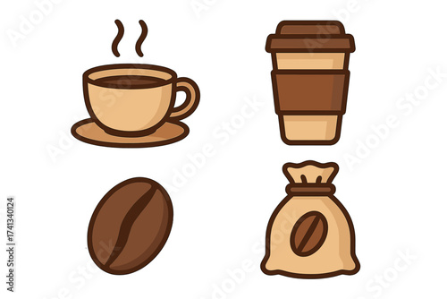 Coffee icon set vector illustration. Hot drink, steaming mug, paper cup, bean and sack. Flat cartoon symbols for cafe menu, app, logo. Beverage, caffeine, espresso concept.