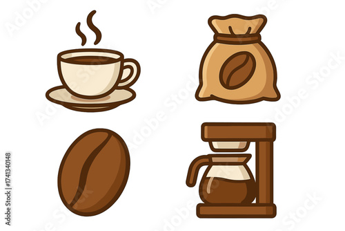 Coffee icon set vector cartoon illustration. Isolated graphic symbols for cafe menu or app. Includes hot coffee cup, roasted bean, burlap bag, and drip brewer machine.