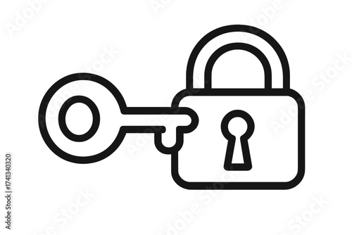 Key in lock outline vector icon. Concept for security, privacy, and safety. Symbol for access, login, password protection. Unlocking a solution or finding a secret. Data security.
