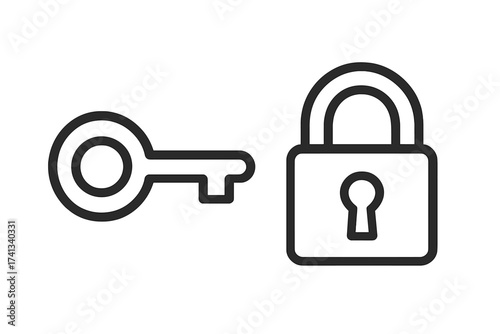 Key and lock outline icon. Vector sign for security, access, privacy. Concept of protection, solution, unlocking. Simple linear pictogram for web design, apps, login, password.