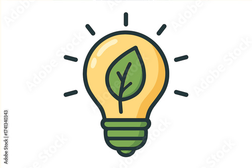 Green energy concept icon with light bulb and leaf symbol. Eco friendly idea, sustainable power and ecology innovation. Renewable resource and environmental conservation sign.