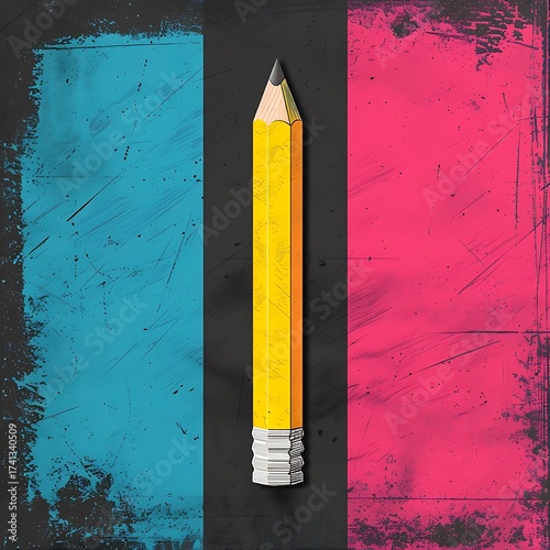 Artistic vertical composition featuring a yellow pencil with textured color fields