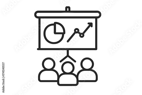 Business presentation vector icon with pie chart and growing line graph symbols, linear style diagram illustration of teamwork and data analysis on transparent background