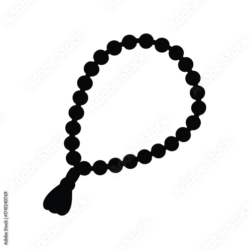 Elegant black silhouette of prayer beads with a tassel on white