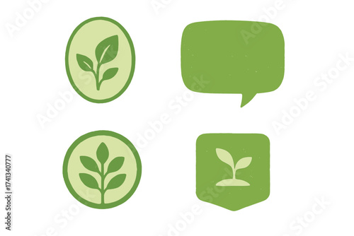 Organic green eco-friendly plant logos and vegan farm fresh tags with speech bubble shapes, healthy nature symbols vector set for sustainable lifestyle and ecological branding