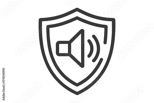 Protective shield with audio sound icon, security concept, sound safety symbol, speaker volume protection, sound waves shield outline, digital security, communication defense vector illustration
