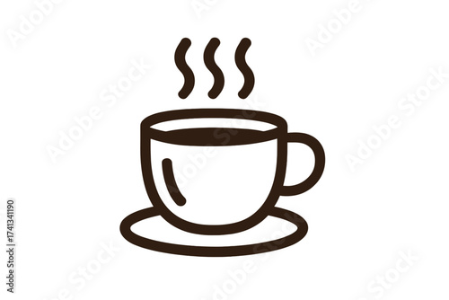 Simple coffee cup icon with steam, hot beverage illustration, vector cartoon graphic, transparent background, app and concept design element, minimal cup on saucer drawing