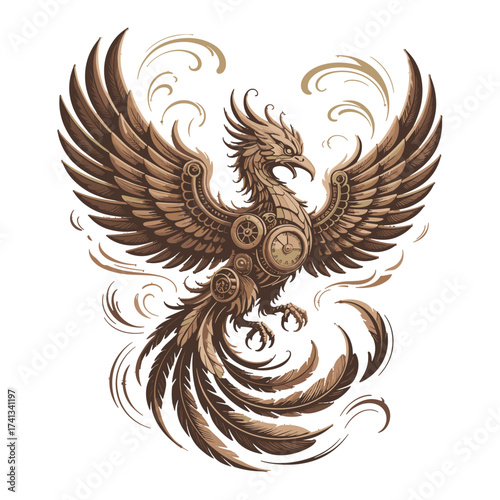 Steampunk phoenix bird T-shirt Design with intricate gears and clockwork elements. Mythical creature illustration with mechanical details. Ancient and modern fusion.