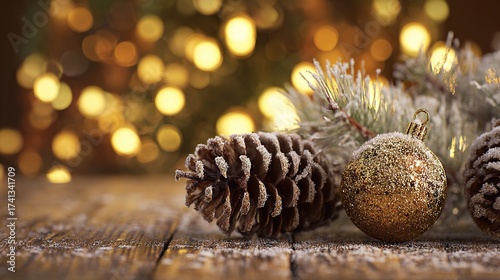 Christmas Tabletop: Frost-Dusted Pine Branches, Brown Pine Cones, Glossy Gold Bauble, Soft White Wood + Warm Golden Tree Lights Bokeh, Cozy Festive Vibe