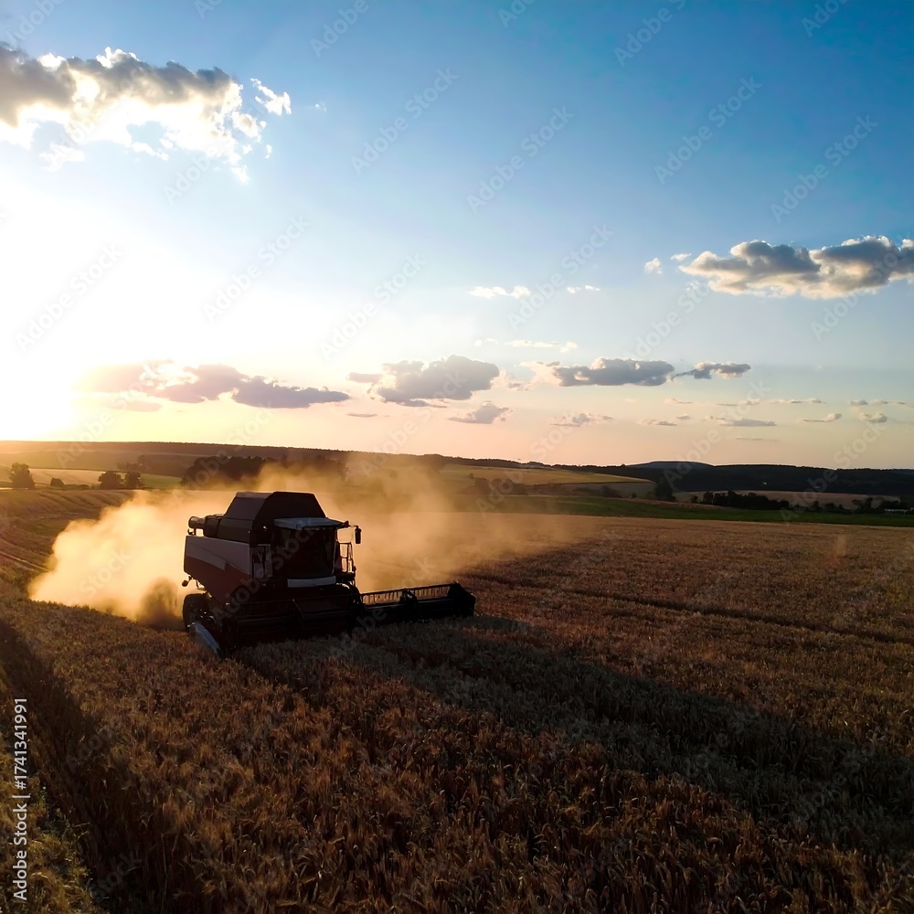 Fototapeta premium Harvester working a golden field at sunset