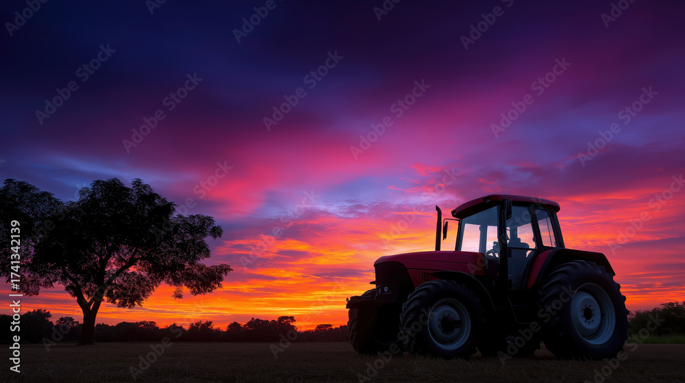 Obraz premium Tractor silhouetted against a colorful sunset in a rural landscape