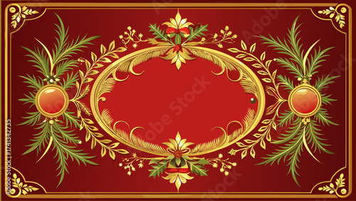 Elegant Christmas card template vector, poster with ornate vintage frame, Victorian style leaf decoration, golden border design, rich red background, center left empty, perfect for holiday greetings, 