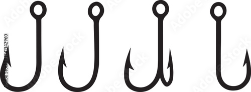 PrintFour fishing hooks arranged in a row on a white background