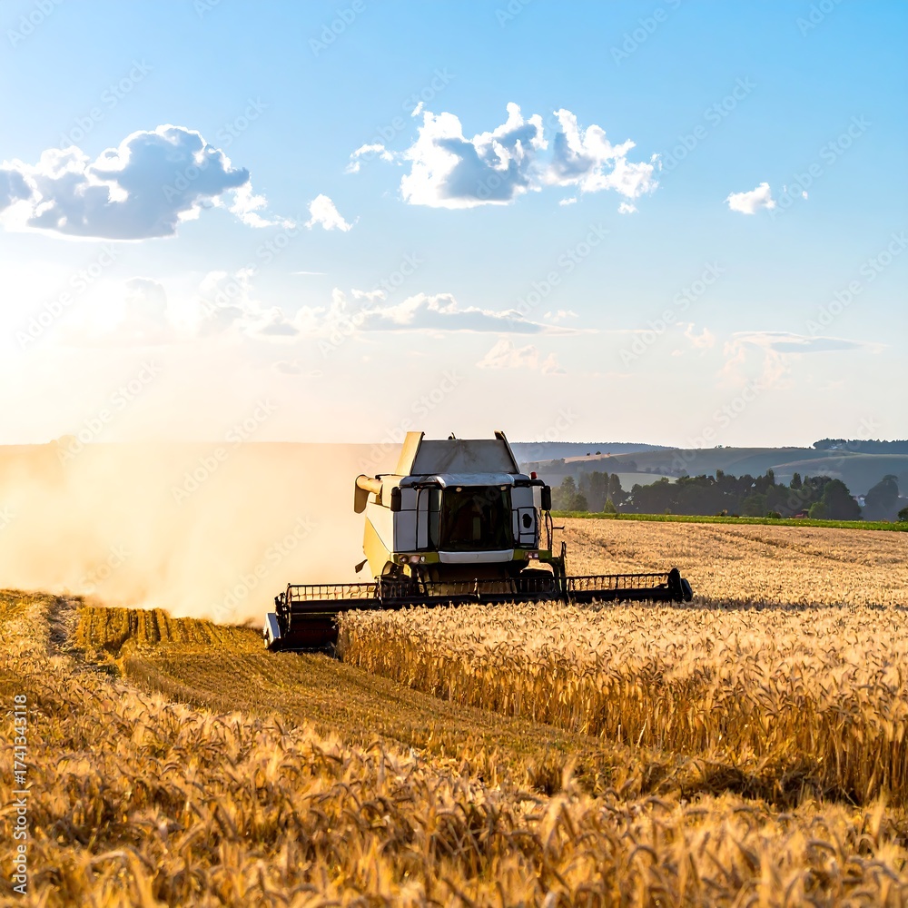 Fototapeta premium Harvester working in golden field at sunset