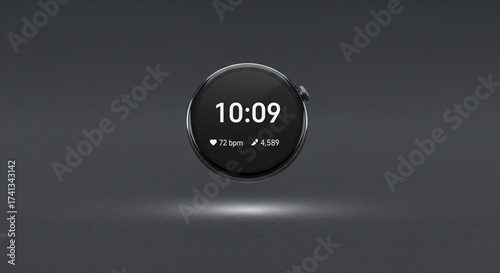 Modern smartwatch displays time, heart rate, and steps, symbolizing fitness and technology integration.