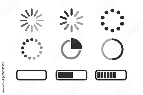 Big set of vector loading icons. Progress bar for upload and download. Round spinner and circular buffer elements. Website preloader and waiting indicator sign collection.