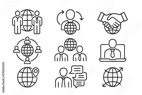 Global business line icons set. International corporation, worldwide communication, and partnership concept. Outline pictograms for web: union, agreement, teamwork, network.