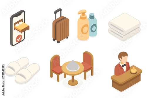 Hotel service 3d isometric icons set. Hospitality pack elements. Online room reservation, luggage, towel, slippers, room service, lobby reception. Vacation travel vector concept.
