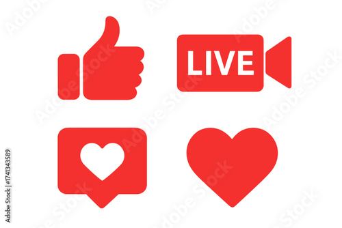 Social media icon set. Like thumbs up, heart, live stream video for chat. User engagement reactions for followers. Red web buttons isolated vector illustration for app UI.