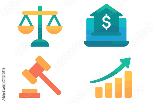 Banking and finance gradient flat icon set for web and mobile. Vector symbols for balance, e-banking, auction, and financial growth. Business and legal finance concepts.
