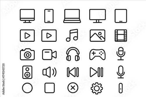 Multimedia UI line icon set for web and mobile apps. Media player, computer devices, and audio-video gadgets pictograms for GUI. Simple UX elements, vector collection.