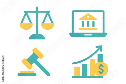 Modern vector icon set for banking, finance, law. Flat gradient design for web and mobile apps. Includes balance, e-banking, auction, court, and financial growth concepts.
