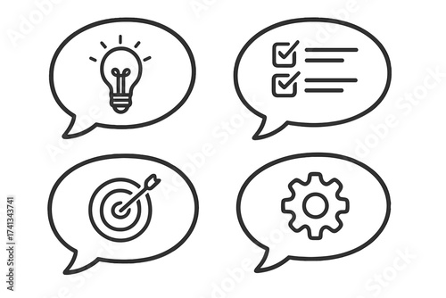 Business strategy and development icon set. Speech bubbles with idea lightbulb, checklist, target goal, and gear process symbols. Quick tips for success vector illustration.