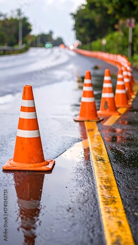 Orange traffic cones on a wet roadway