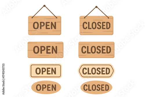 Open and closed signboards mega set. Flat design elements bundle. Wooden board plates with text for hanging at shop, store, cafe entrances. Vector illustration collection.