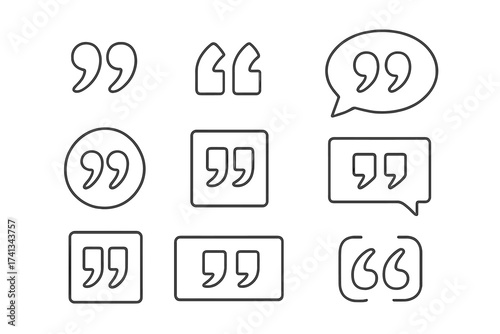 Quote marks icon vector set. Line art collection of various speech marks, inverted commas, and talking marks. For testimonials, dialogue, comment, and citation design.