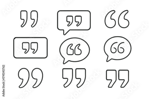 Quote marks icon vector set. Quotemarks outline and speech marks collection. Inverted commas and talking marks for citation, dialogue, or testimonial. Line art illustration.